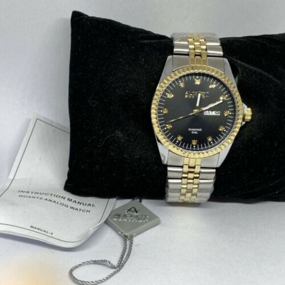 August Steiner AS8201 Men Two-Tone Stainless Steel Analog Black Dial Watch BL681 - Picture 1 of 12